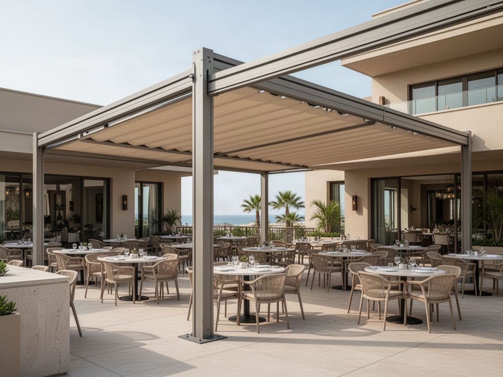 Large flat retractable fabric pergola over a hospitality terrace