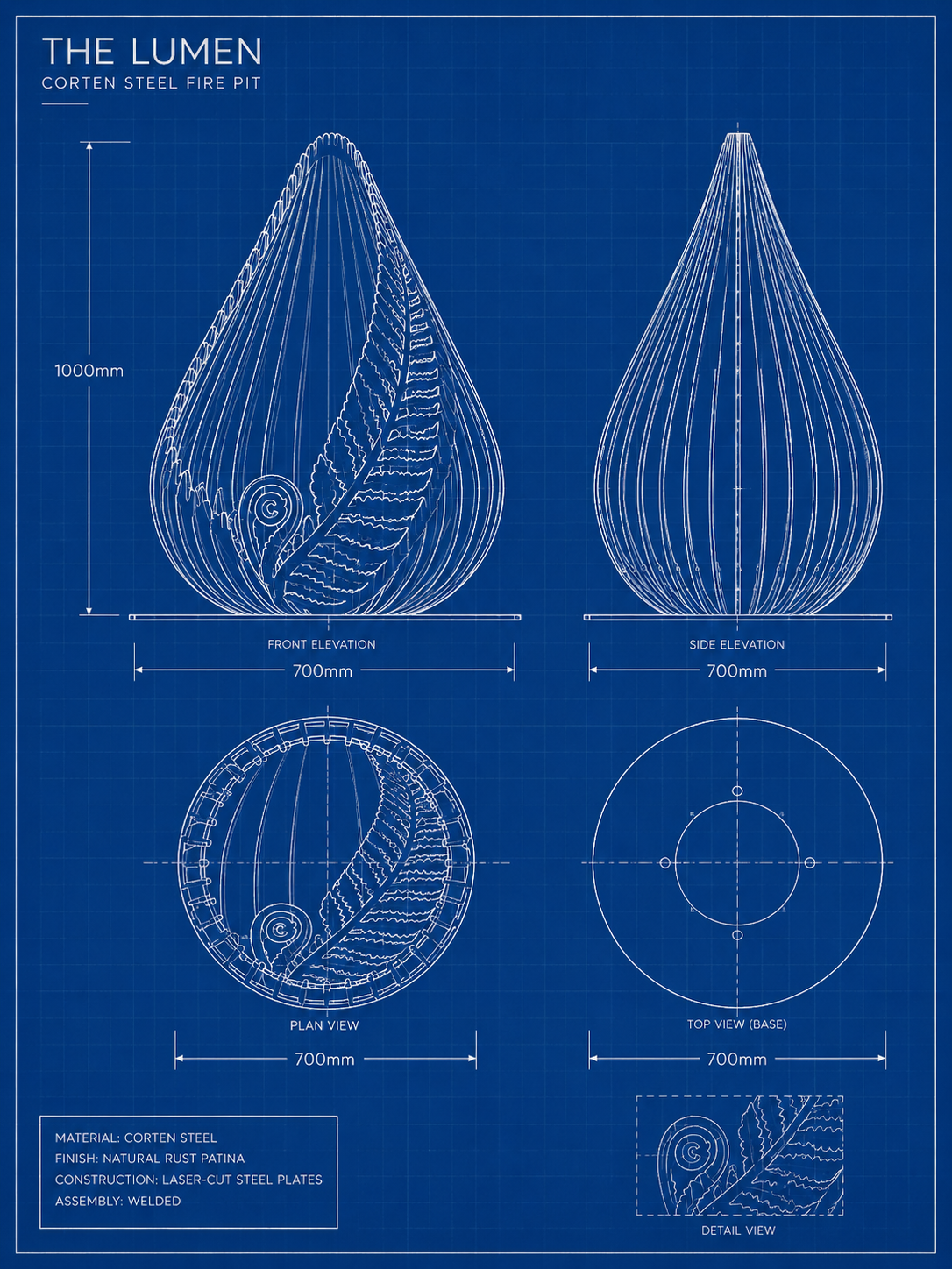 The Lumen fire pit detailed Corten steel blueprint with elevations and plan view