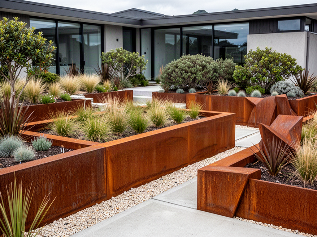 Illustrative Corten weathering-steel planters and landscape edging in a New Zealand garden