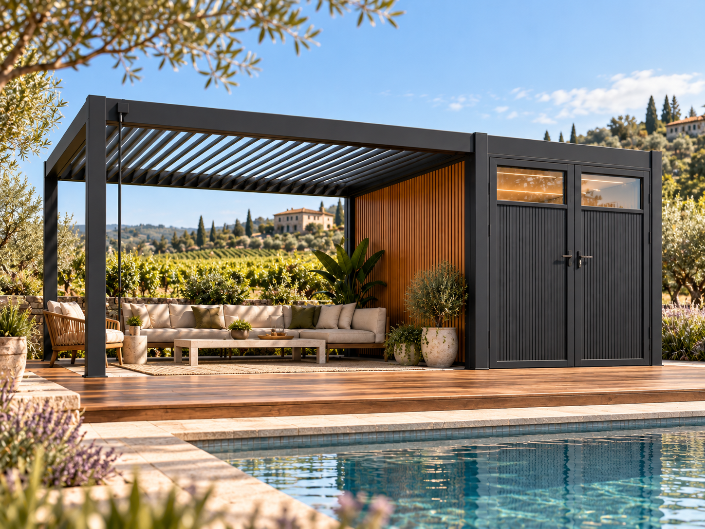 CADARN POD 3060 in a landscaped countryside or vineyard setting beside a pool