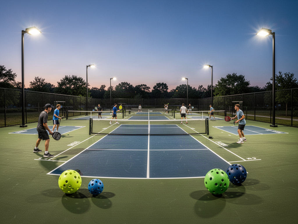 Dedicated outdoor pickleball courts under glare-controlled sports lighting
