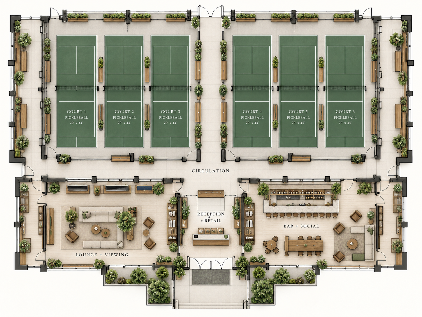 Six-court commercial pickleball club plan with reception, lounge, viewing and bar-social areas