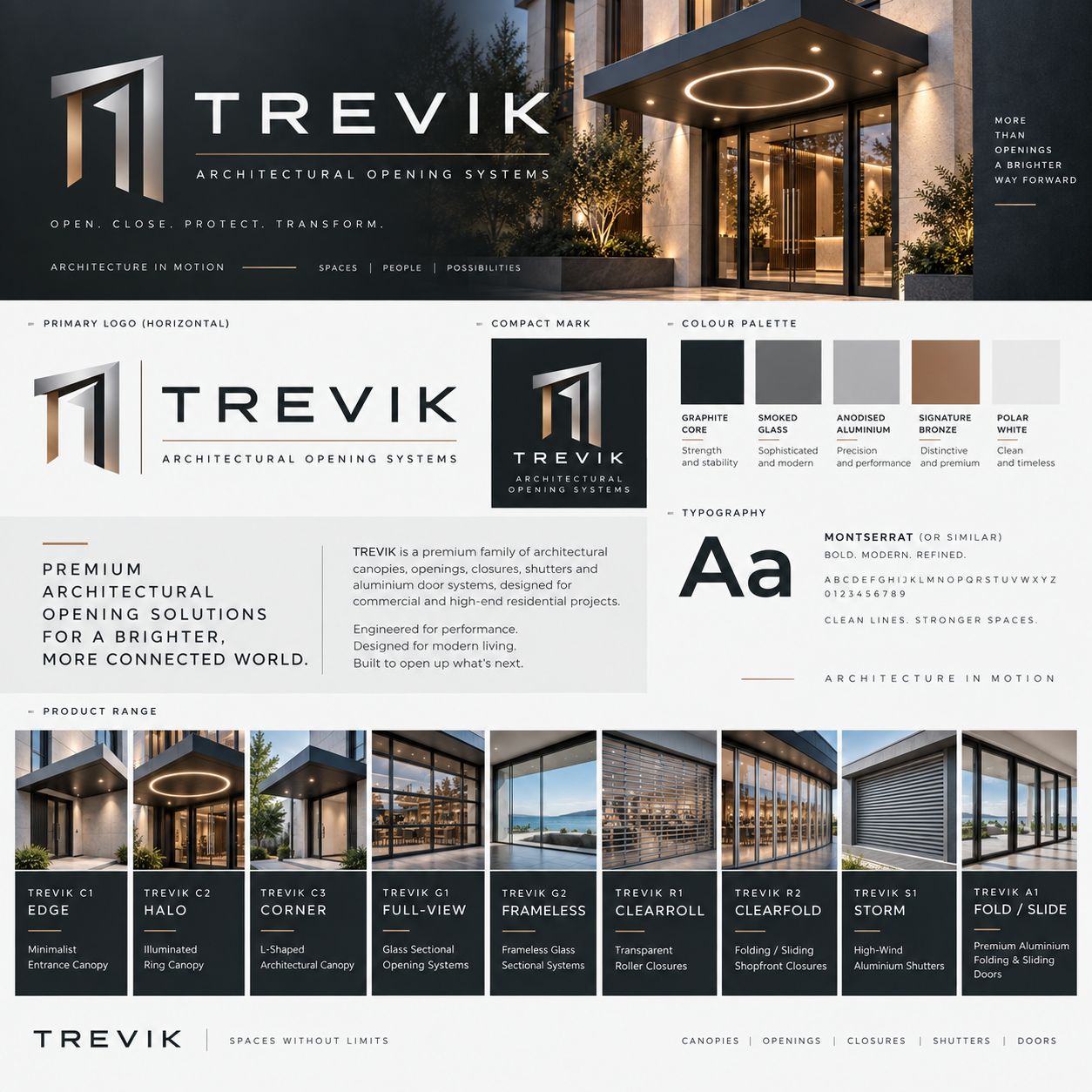 TREVIK Architectural Opening Systems brand and product-family board