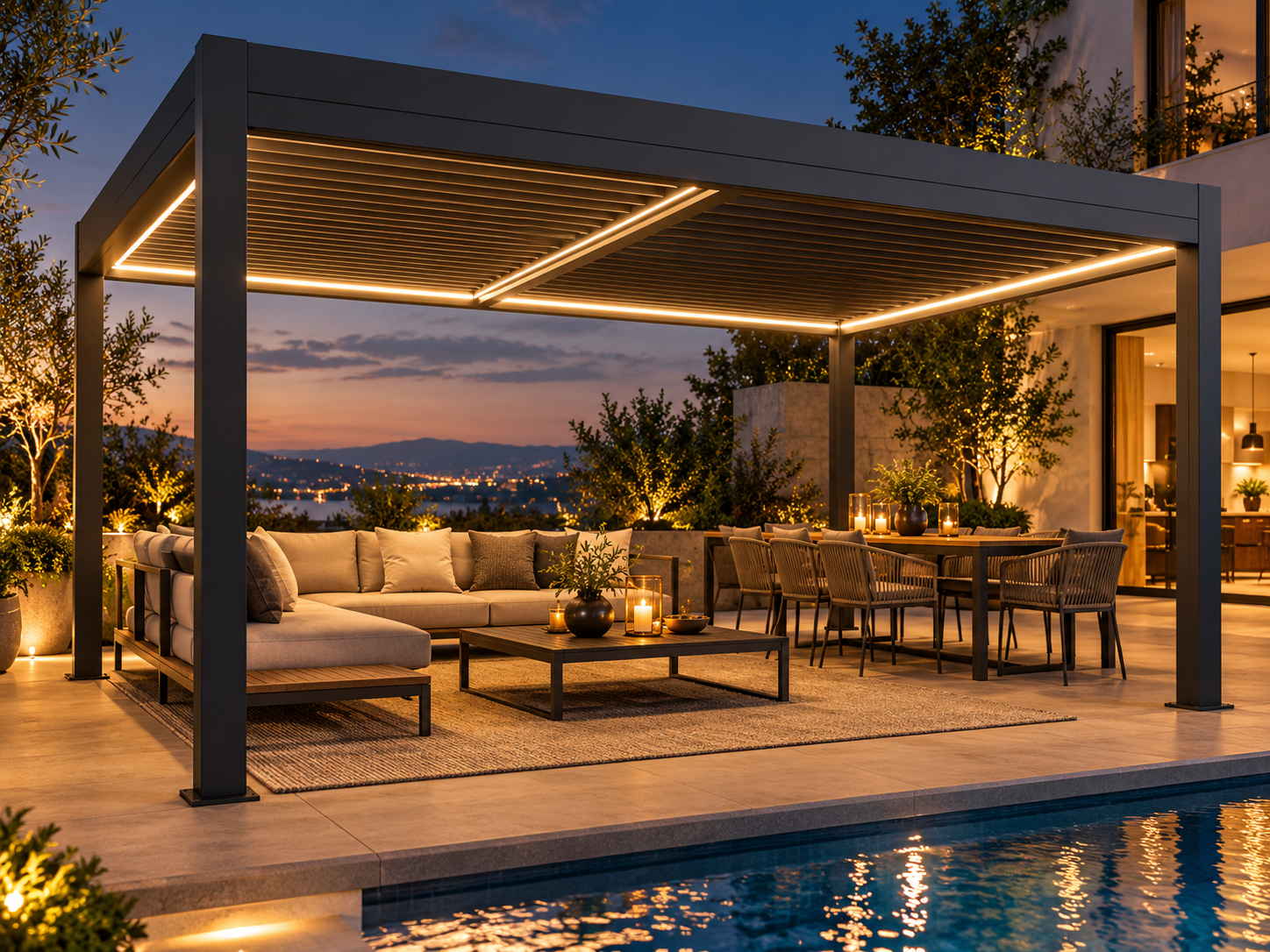 ORZENZA louvre pergola with integrated warm LED lighting configuration visualisation
