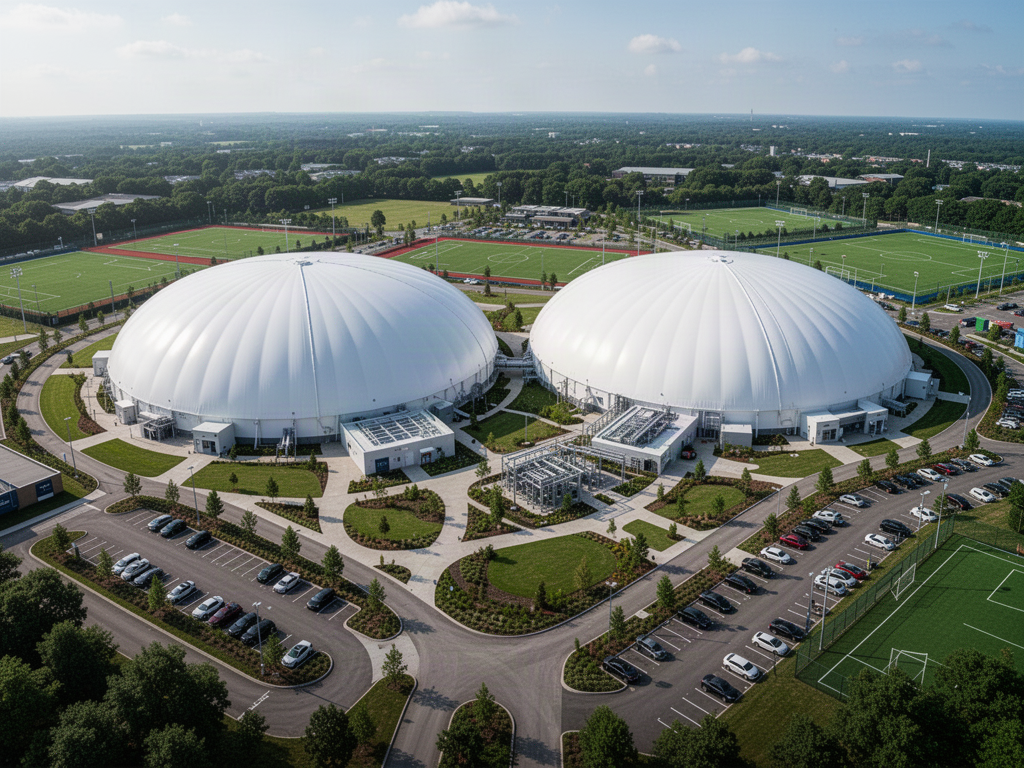 Two large air-supported sports domes within a sports campus