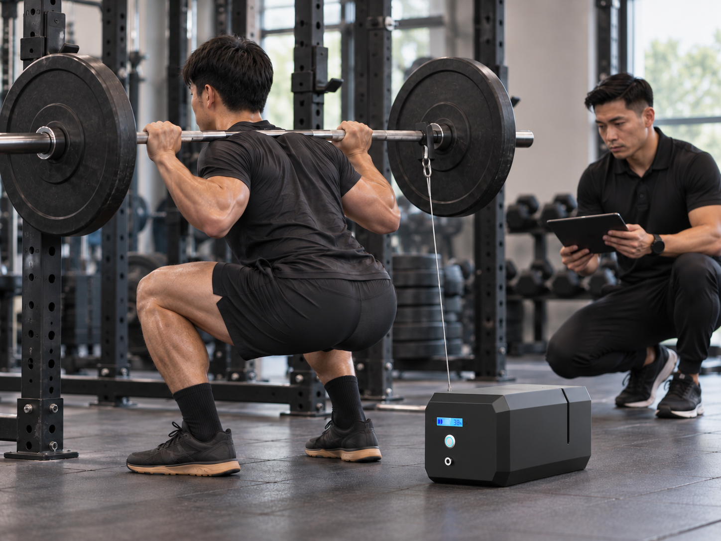 Illustrative velocity-based strength testing with barbell, cable-tracking device and coach