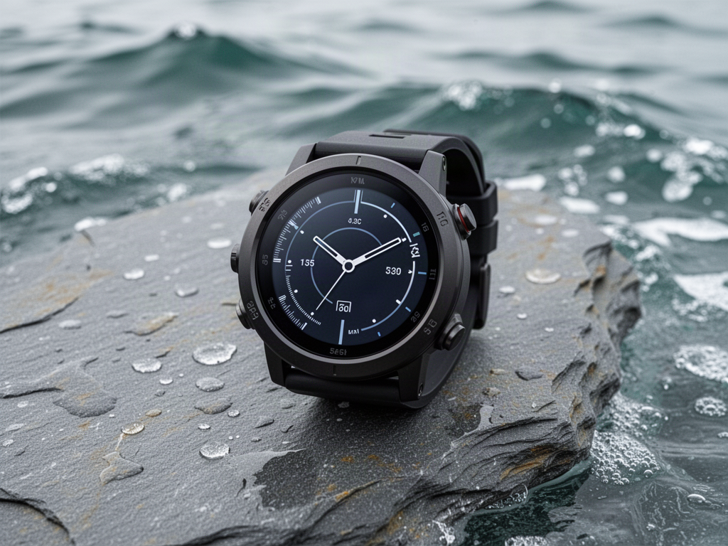 Representative premium black dive computer beside ocean water