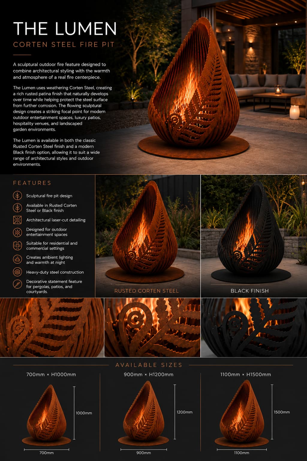 The Lumen Corten steel fire pit feature and finish overview