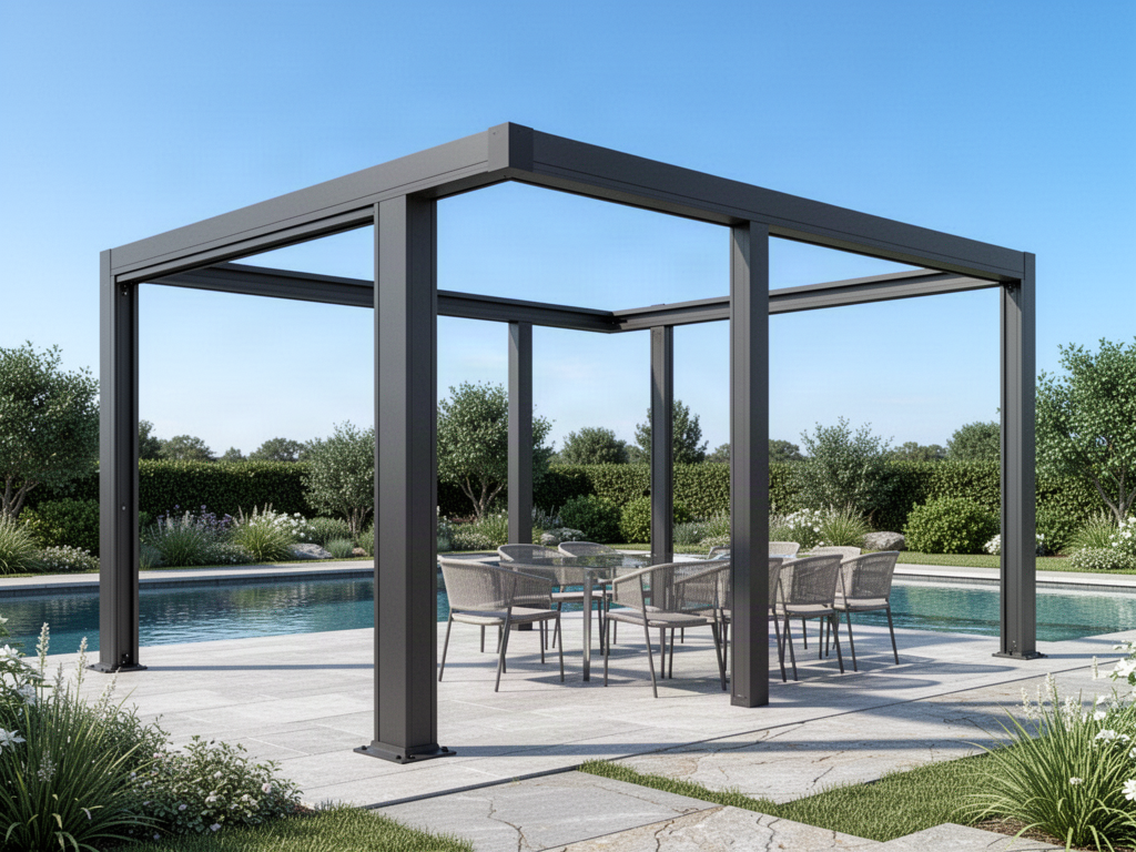 Charcoal CADARN FRAME open pergola beside a swimming pool