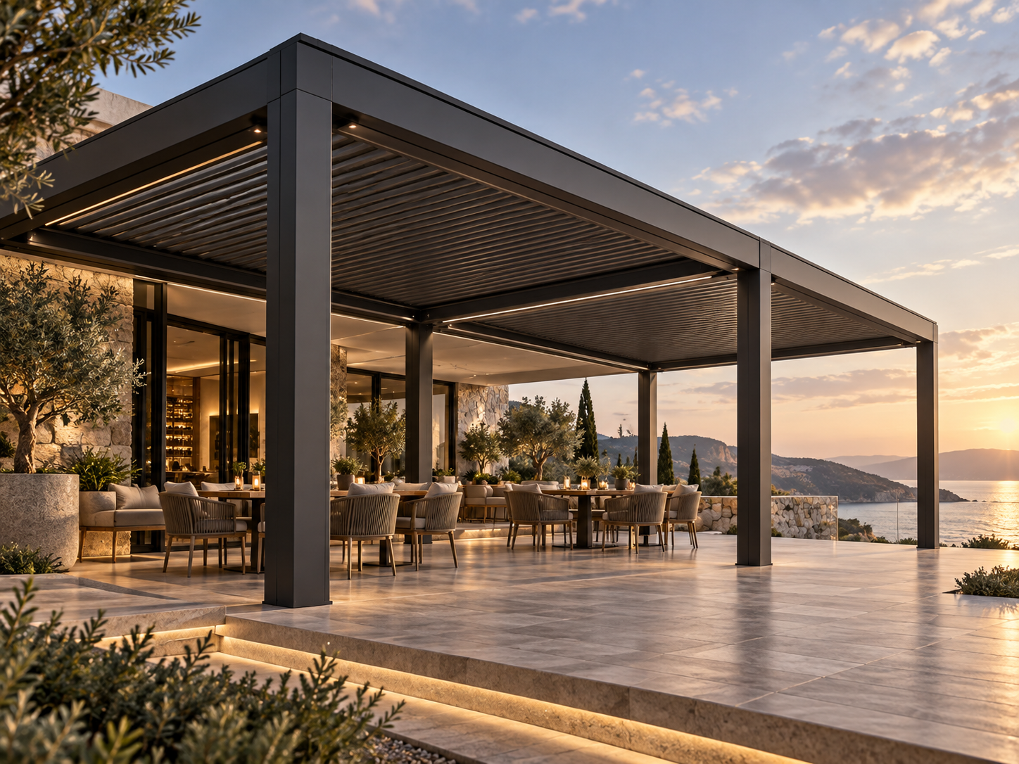 Heavy-duty dark graphite ARKEN STORM louvre roof over a premium coastal hospitality terrace