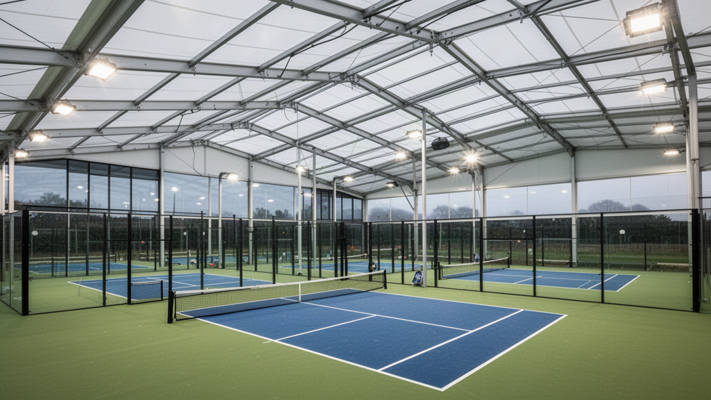 Large clear-span sports hall containing multiple covered courts