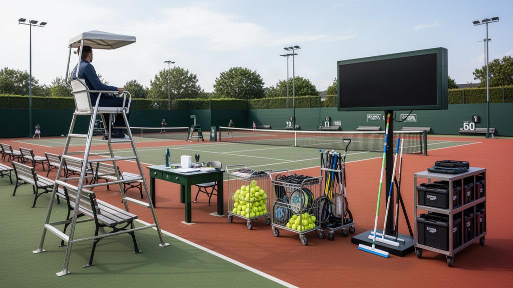 Tournament court operations equipment including officials, benches and maintenance tools
