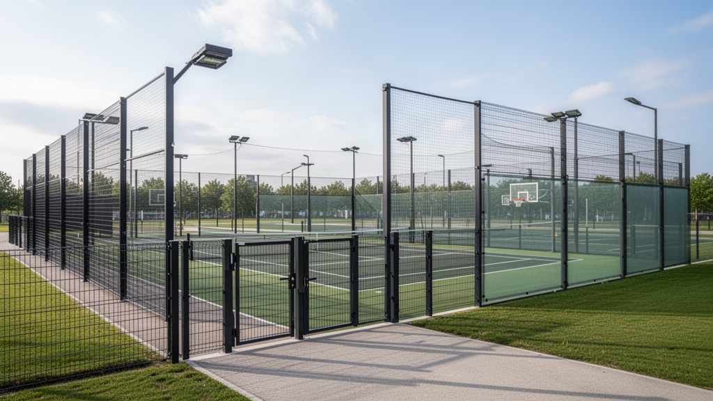 Professional sports court fencing, gates and ball containment