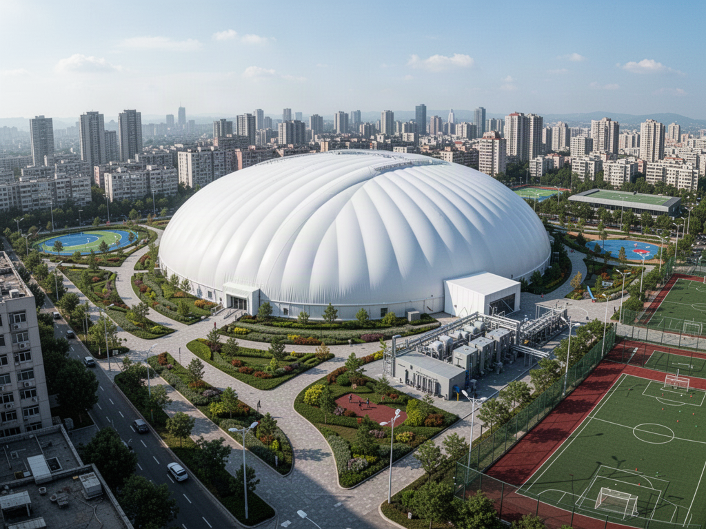 Large air-supported sports dome integrated into an urban recreation precinct