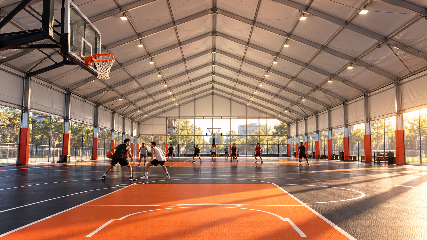 Large clear-span covered sports court structure