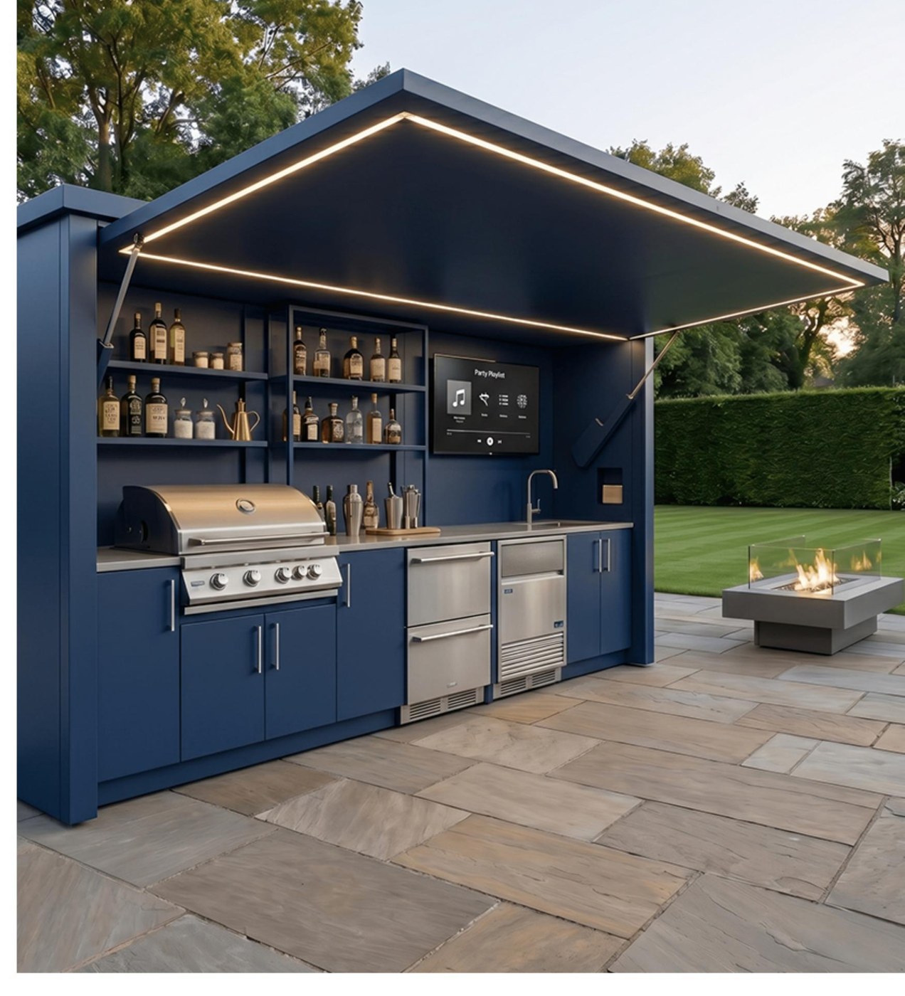 Open NORDVAL blue outdoor kitchen pavilion with barbecue, sink and refrigeration