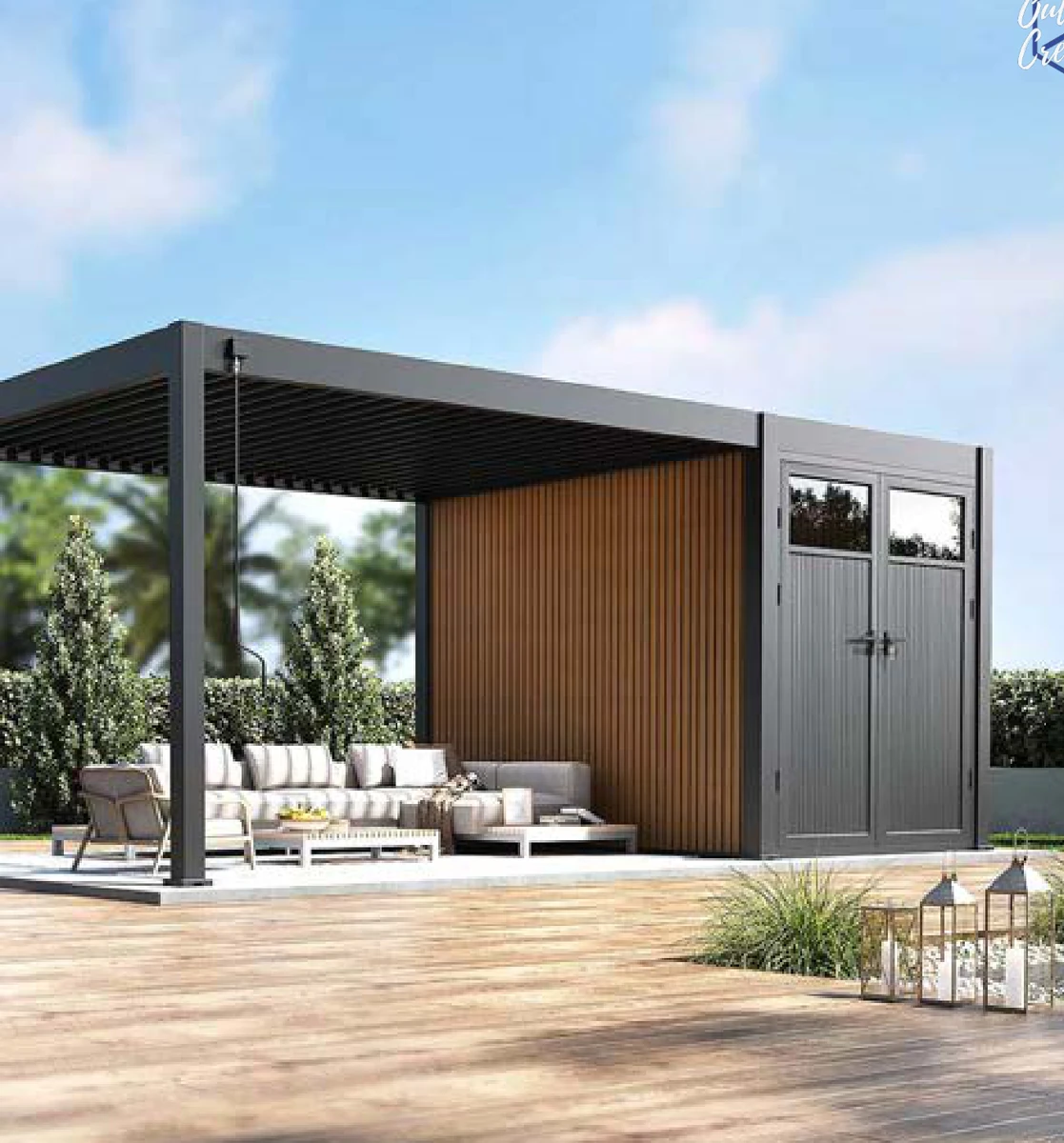 VARDHUS STOREHOUSE louvred pergola with integrated enclosed storage room