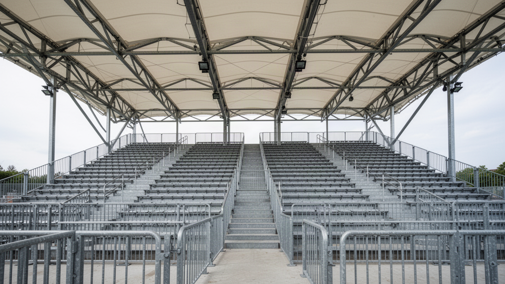 Covered spectator grandstand with engineered steel structure and membrane canopy