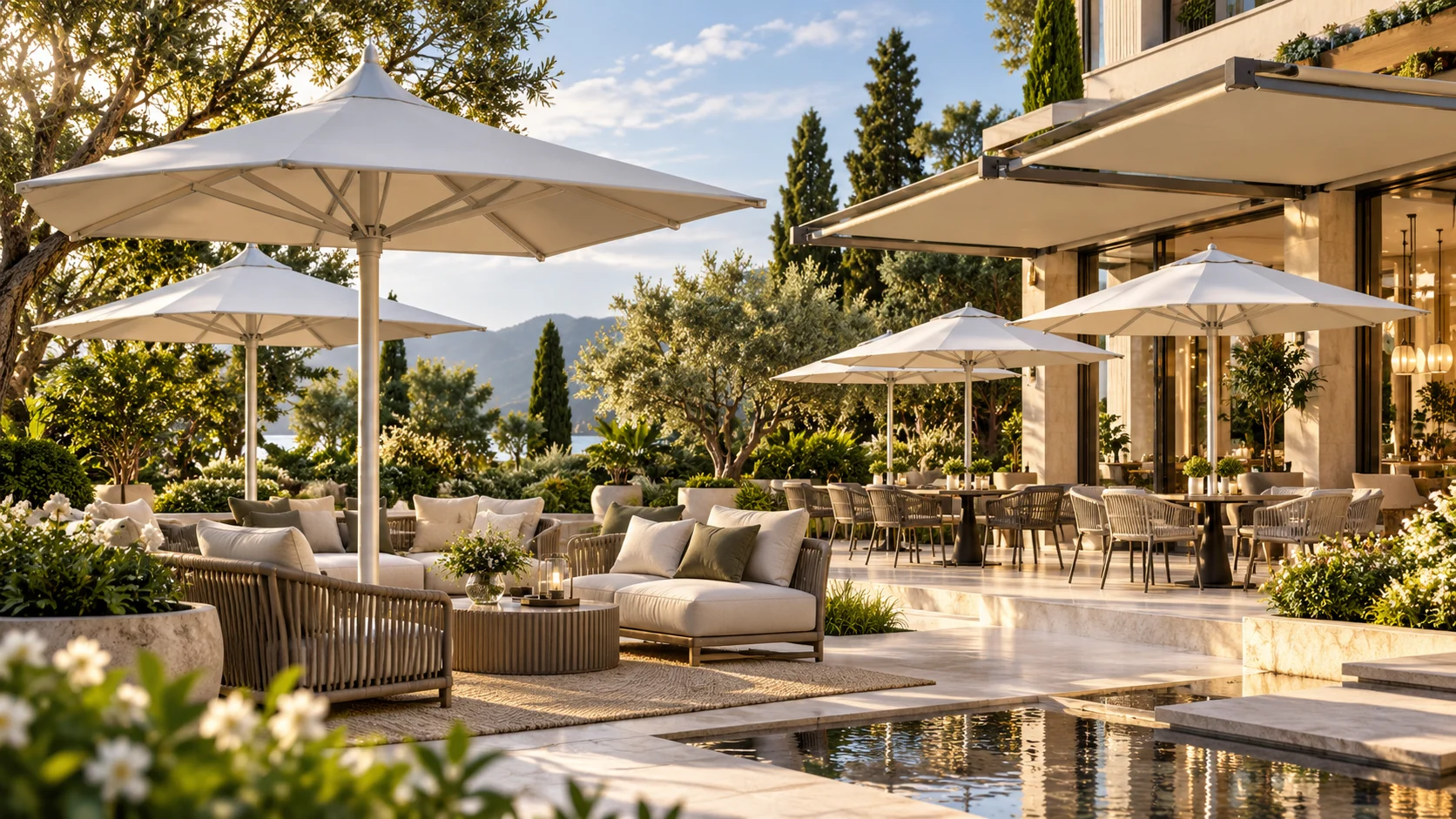 Architectural illustration of resort garden lounges and outdoor dining beneath commercial umbrellas