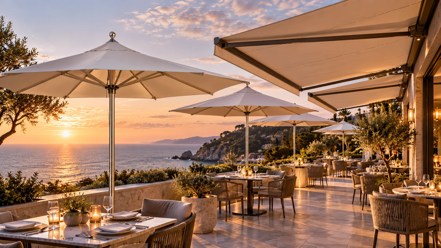 Architectural illustration of a premium waterfront restaurant shaded with centre-pole umbrellas and retractable fabric awnings