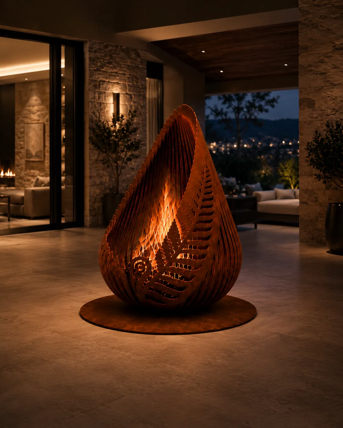 The Lumen sculptural Corten steel fire pit in an outdoor setting