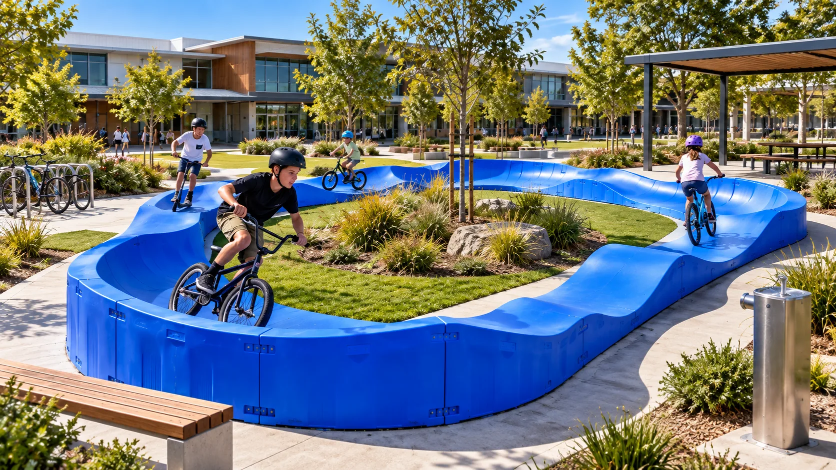 School campus recreation setting with a modular RIDEspan pump track