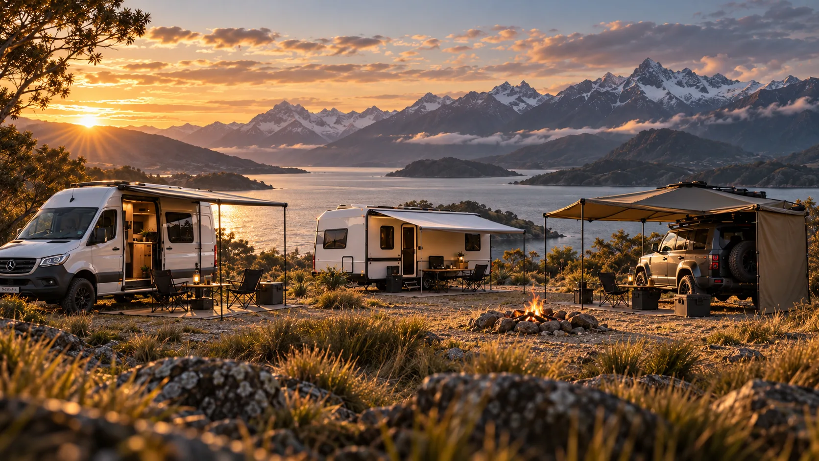 Camper and touring vehicles using shelter systems in an alpine travel setting