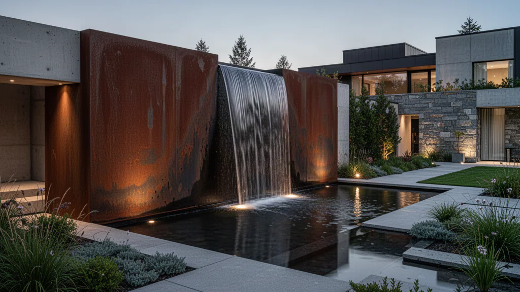 SVALDR architectural weathered-steel water wall and reflecting basin at dusk