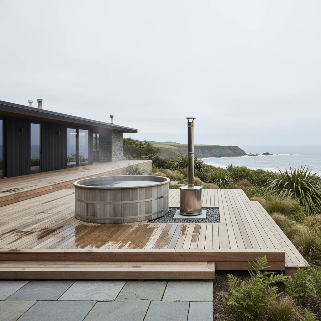 Wood-fired outdoor hot tub with external heater and flue