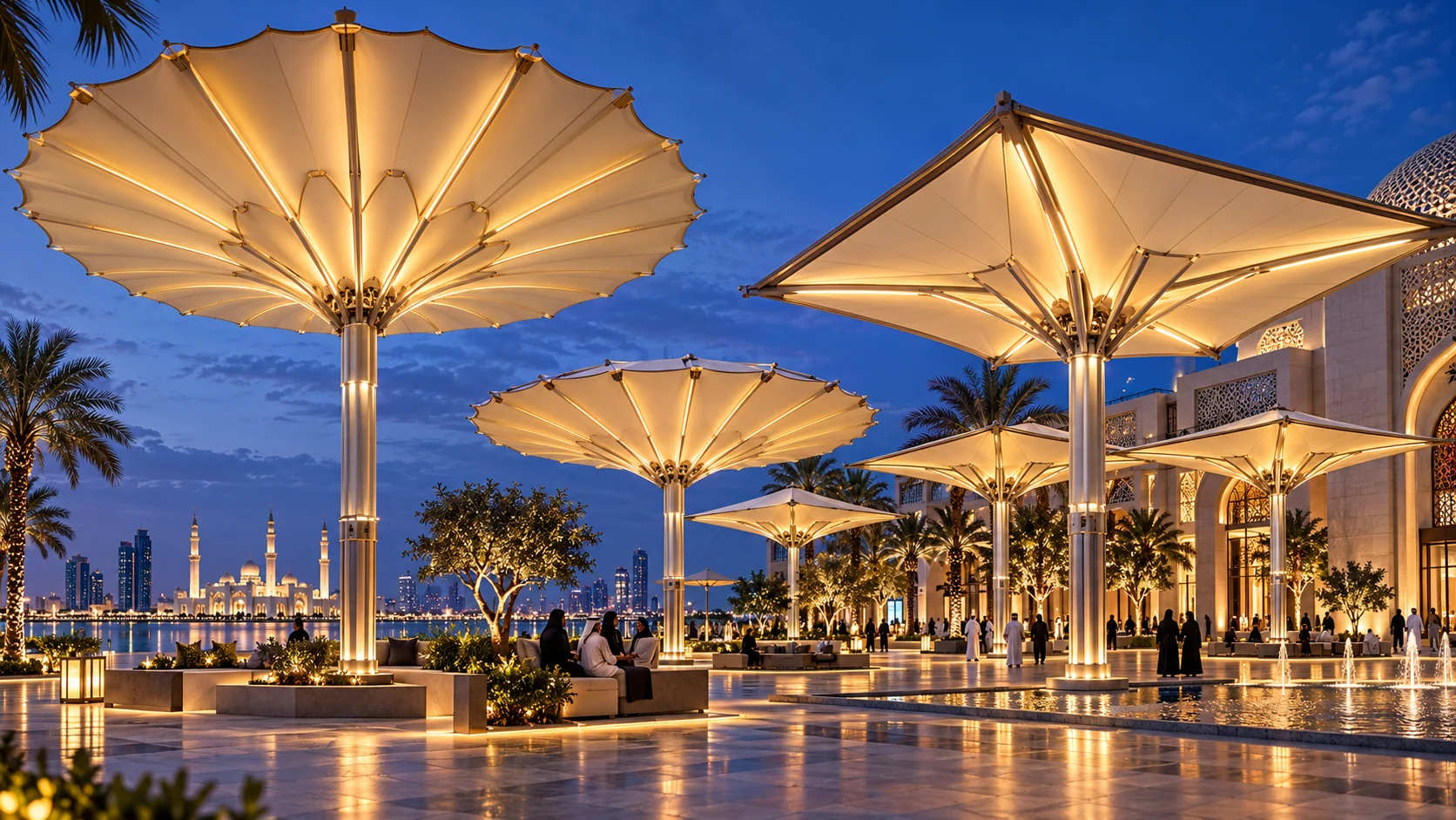 Architectural illustration of illuminated motorised opening canopy structures in a Middle Eastern public plaza at blue hour