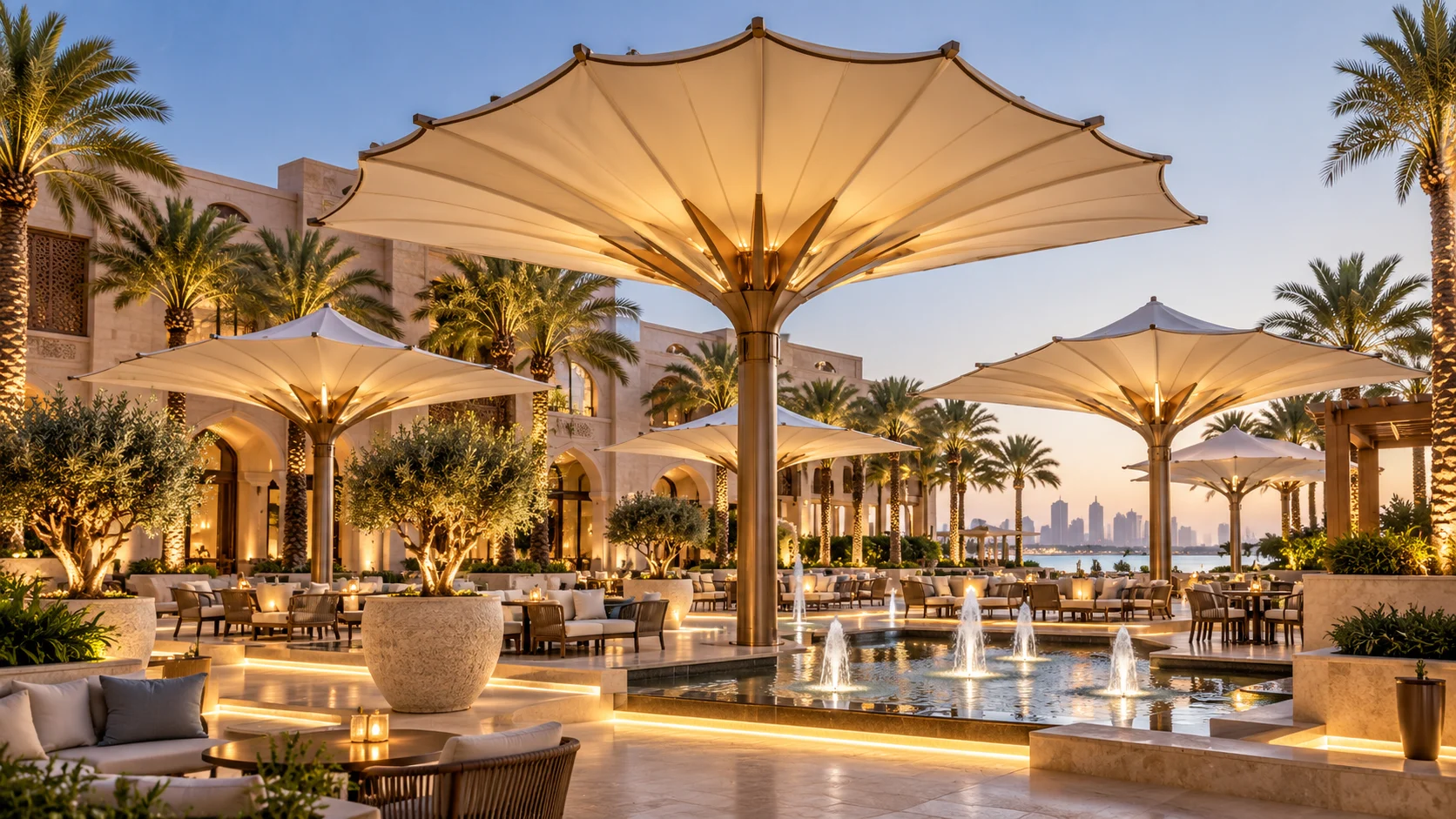 Architectural illustration of large folding membrane canopies arranged around resort seating and a central water feature